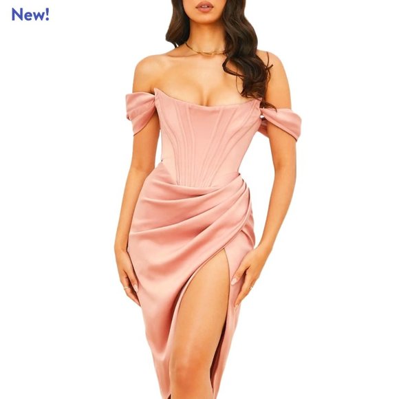 House of CB Dresses & Skirts - ✨️NWT✨️House of CB 'LORETTA' SATIN OFF SHOULDER CORSET MIDI DRESS BLUSH- SMALL